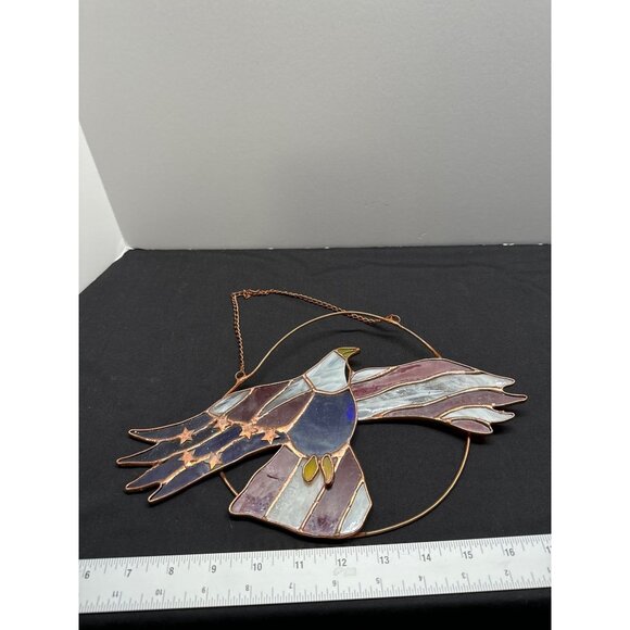 Real Stained Art Glass Patriotic Eagle Suncatcher Copper Frame Chain Americana - Picture 2 of 7